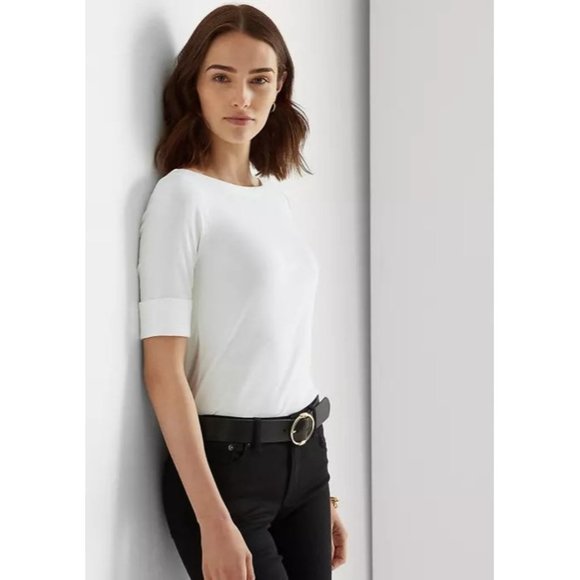 LAUREN RALPH LAUREN Petite Cotton Boat Neck T-Shirt in White - Picture 5 of 6